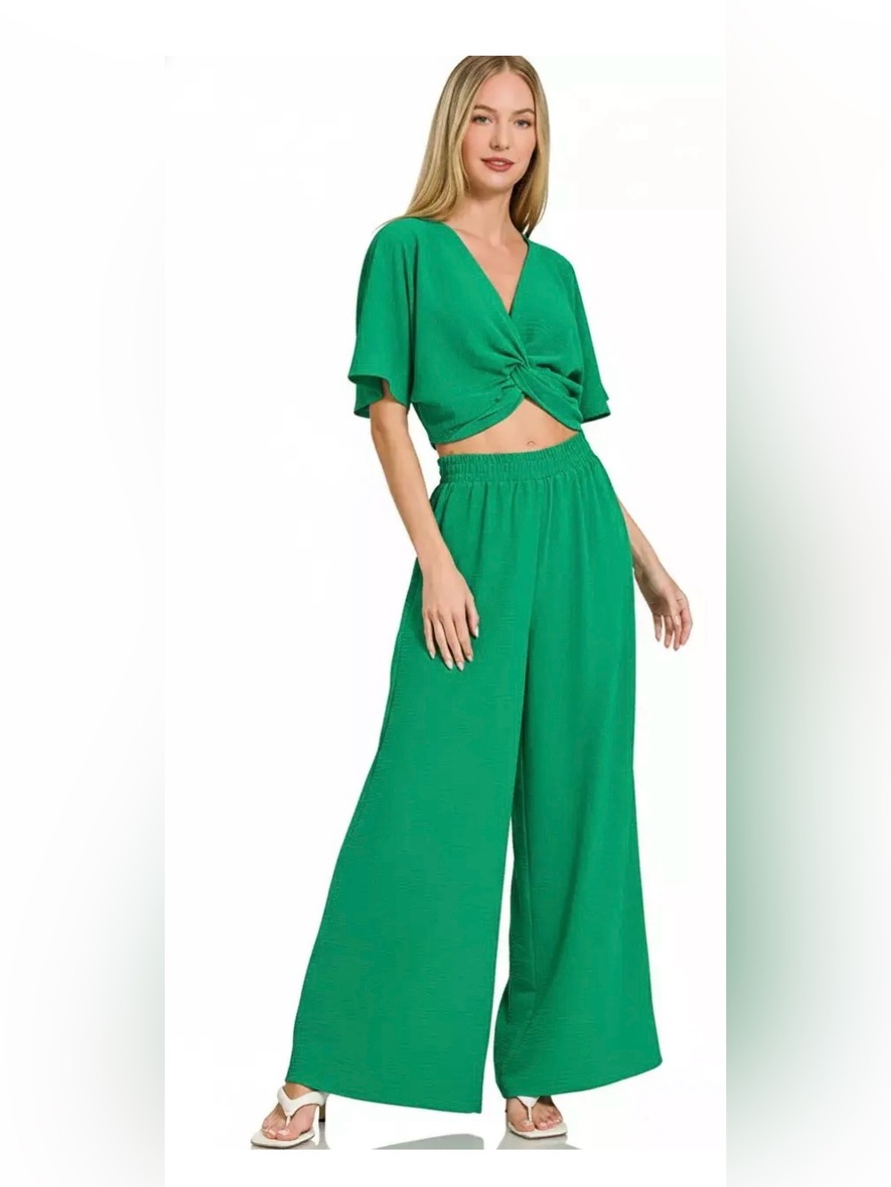 NWOT Zenana Outfitters Emerald Green Wide-Leg Crop Top & Pants Set - Picture 3 of 3